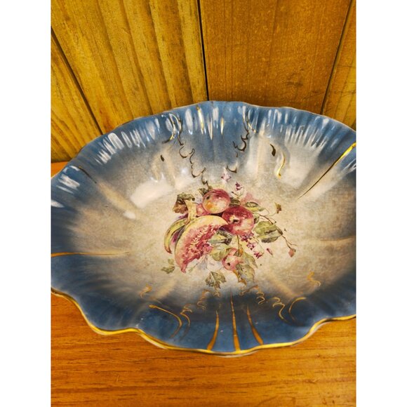 Vintage 12 Inch Porcelain Hand-Painted Fruit Bowl With Blue & Gold Detailing - Picture 4 of 6